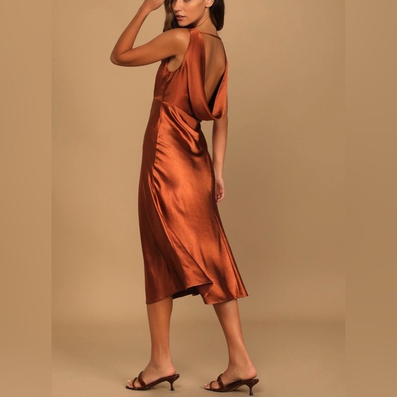 Lulus Dresses & Skirts - Lulus Incredible Love Brown Satin Cowl Back Midi Slip Dress Party Wedding Formal
